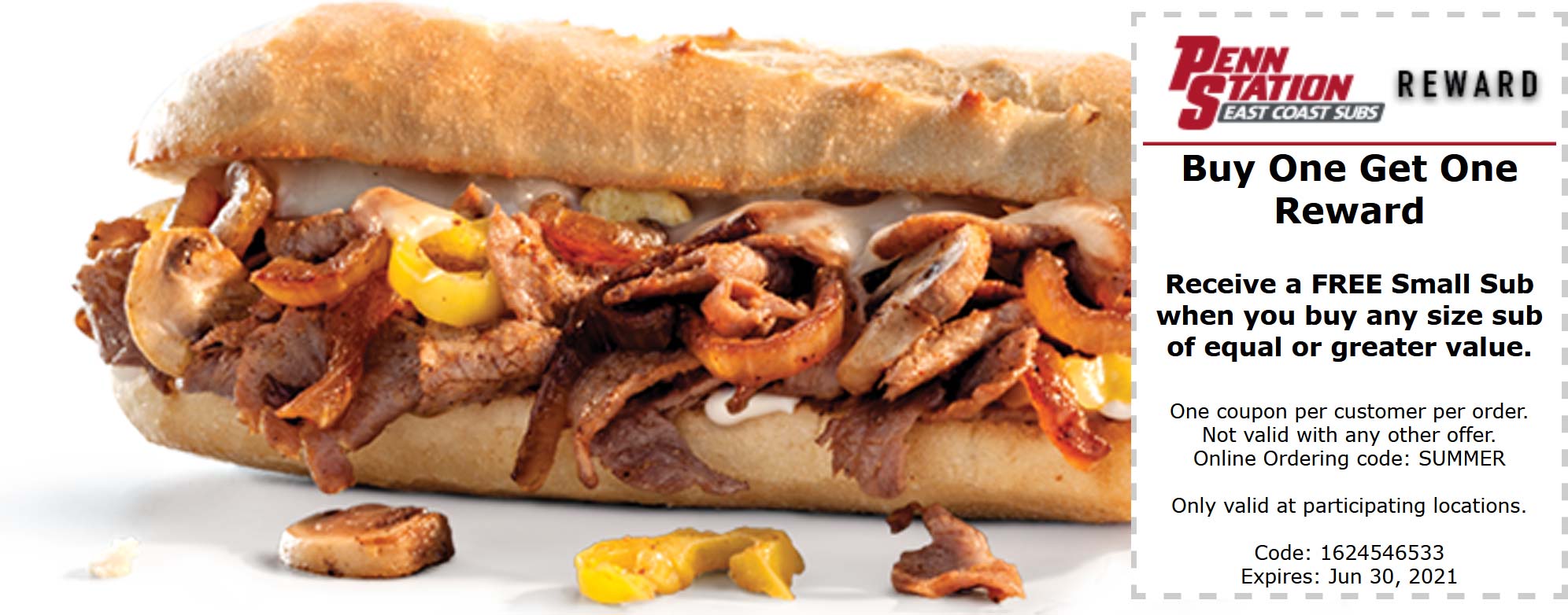 Penn Station restaurants Coupon  Second sub sandwich free at Penn Station East Coast Subs, or online via promo code SUMMER #pennstation 