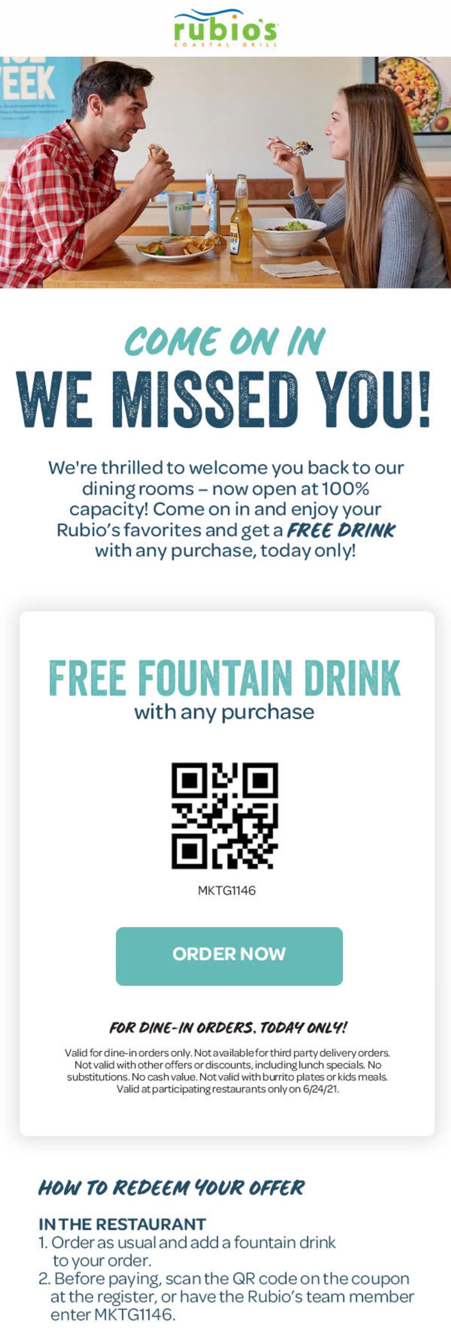 Rubios restaurants Coupon  Free drink with your order today at Rubios Coastal Grill #rubios 