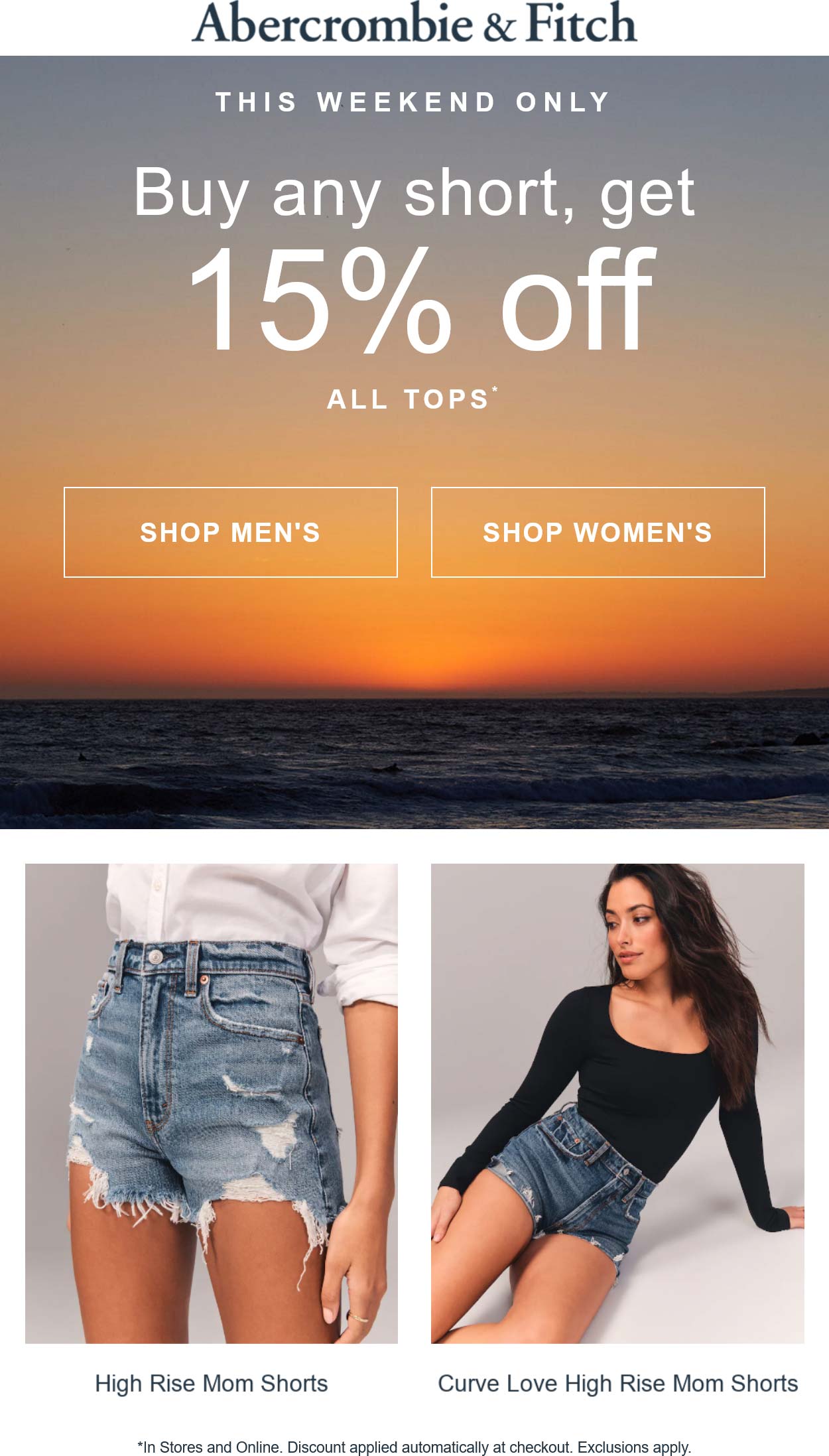 Abercrombie & Fitch stores Coupon  15% off tops with your shorts at Abercrombie & Fitch, ditto online #abercrombiefitch 