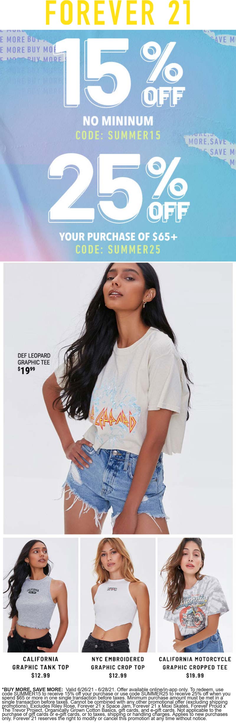 Forever 21 stores Coupon  15-25% off online at Forever 21 via promo code SUMMER15 #forever21 