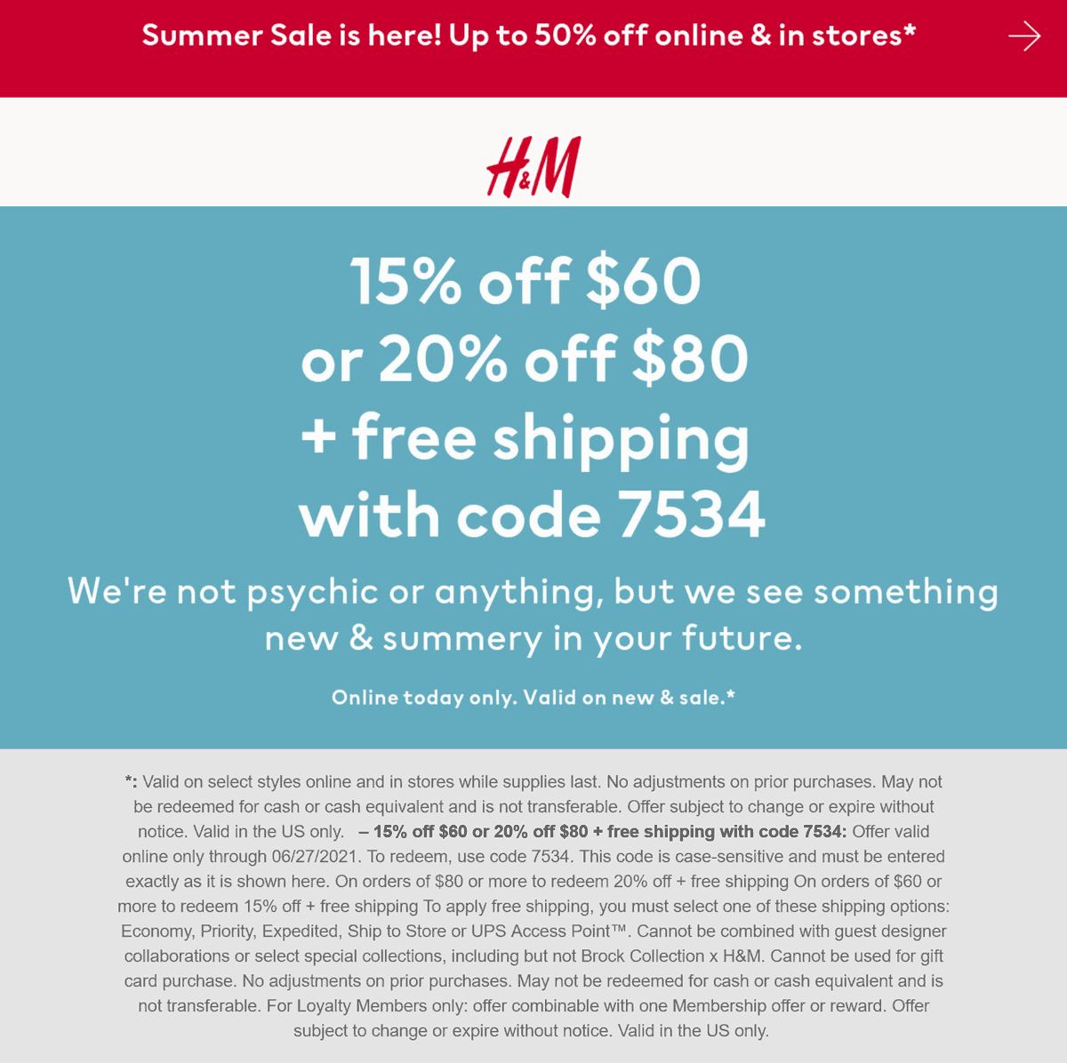 1520 off 60+ today online at H&M with free shipping via promo code