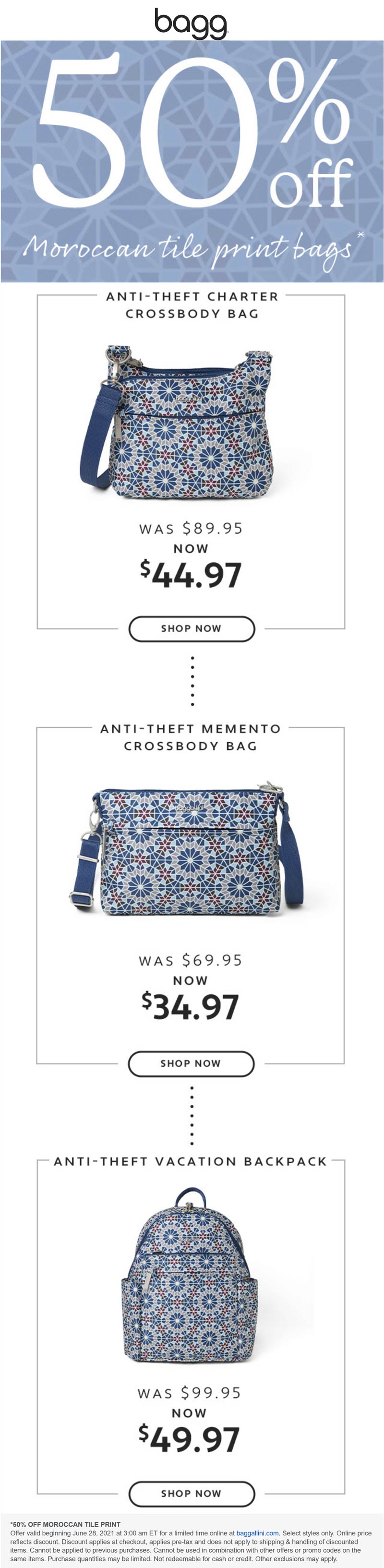 baggallini stores Coupon  50% off Moroccan tile print bags today at baggallini #baggallini 
