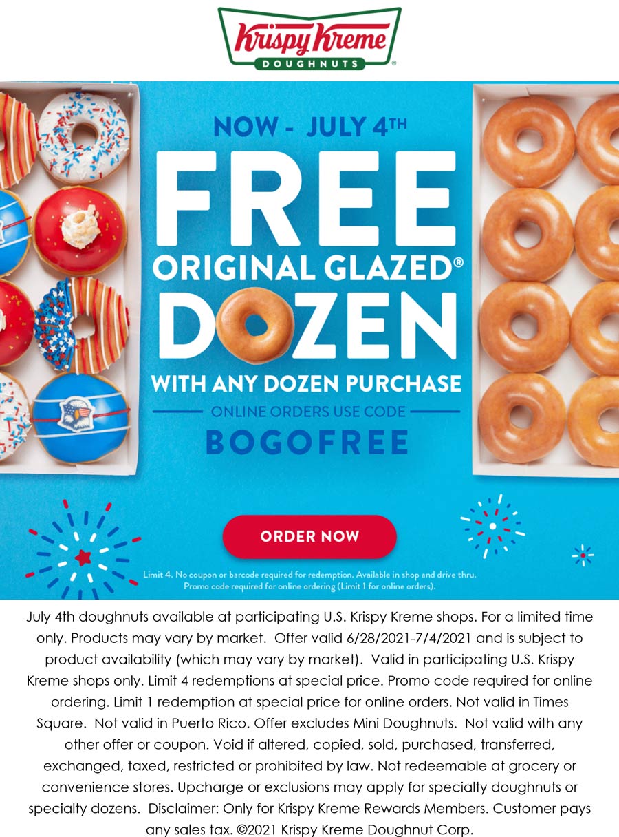Krispy Kreme restaurants Coupon  Second dozen doughnuts free at Krispy Kreme via promo code BOGOFREE #krispykreme 