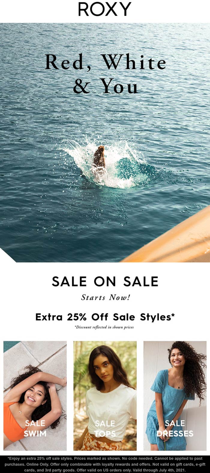 ROXY stores Coupon  Extra 25% off sale styles online at ROXY #roxy 