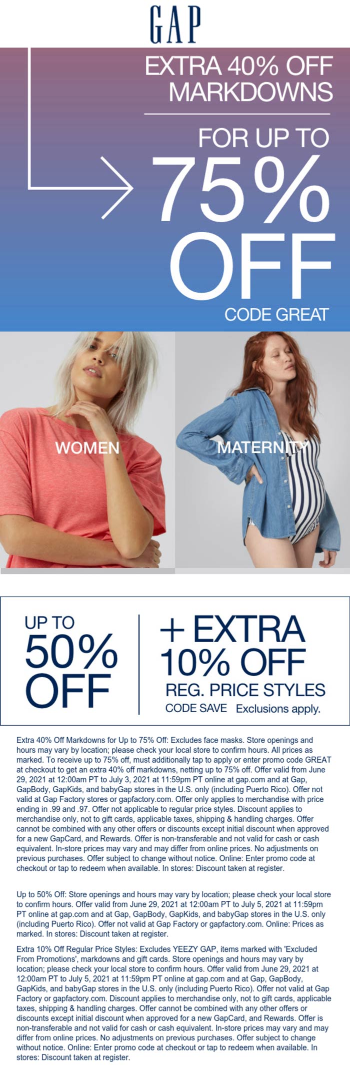 Gap stores Coupon  Extra 40% off sale items & more at Gap, or online via promo code SAVE #gap 