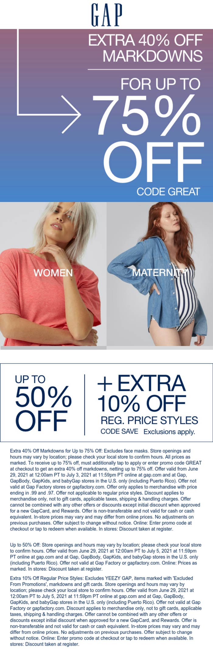 Extra 40 off sale items & more at Gap, or online via promo code SAVE 