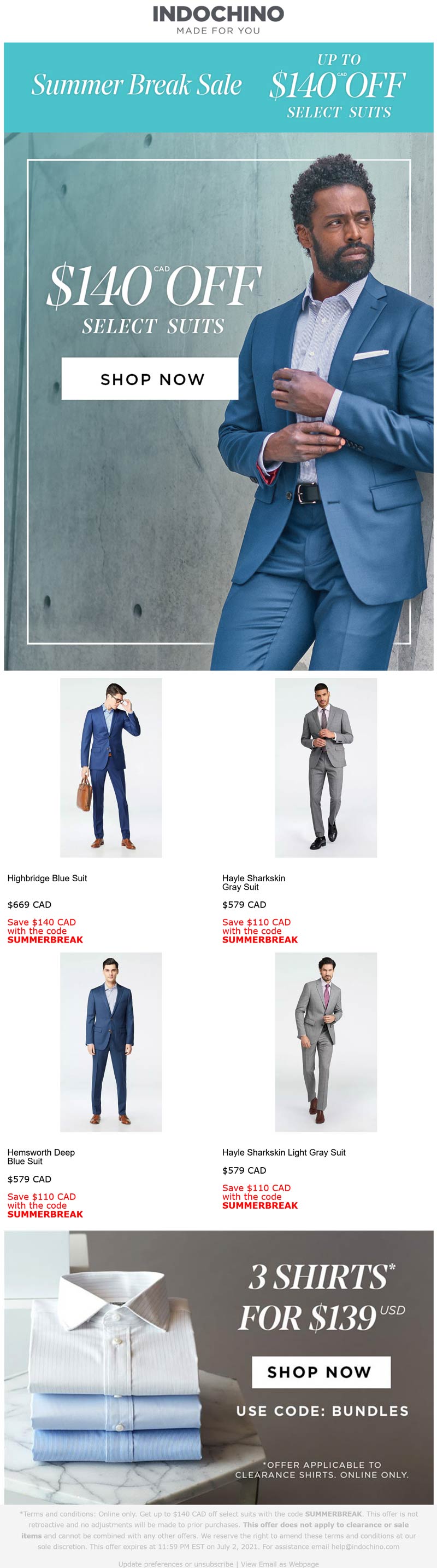 110 off various suits at Indochino via promo code SUMMERBREAK and INDEPENDENCEDAY indochino