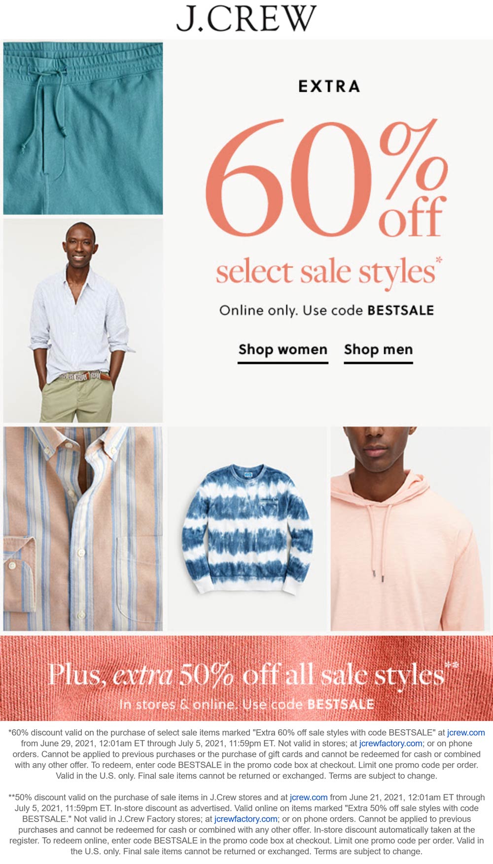 J.Crew stores Coupon  Extra 50% off all sale styles & more at J.Crew, or online via promo code BESTSALE #jcrew 
