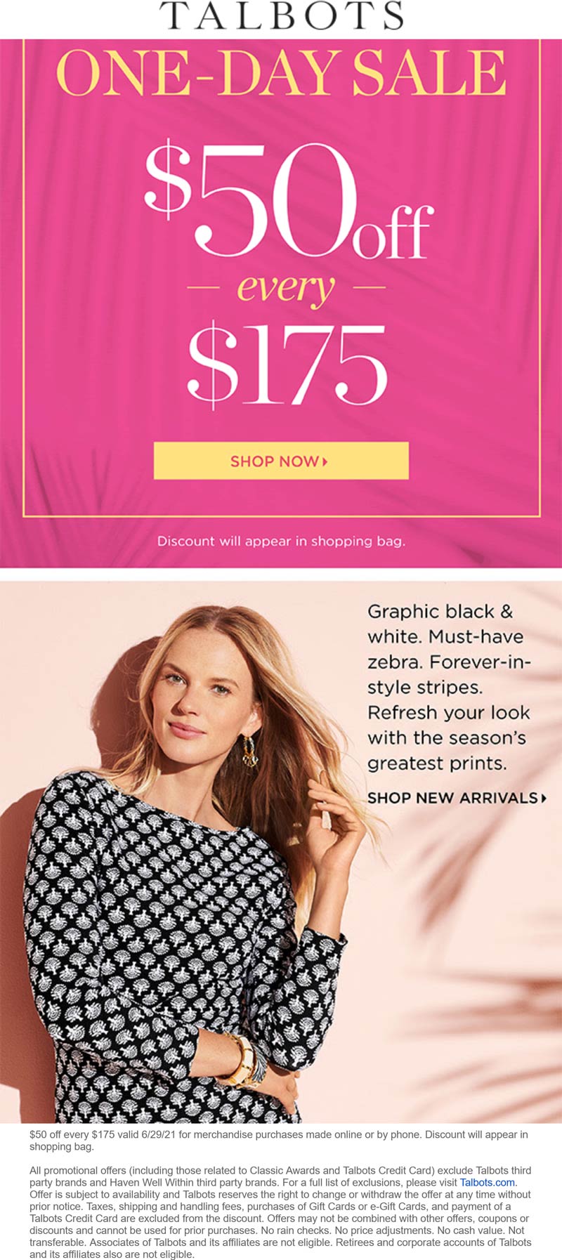 Talbots stores Coupon  $50 off every $175 online today at Talbots #talbots 