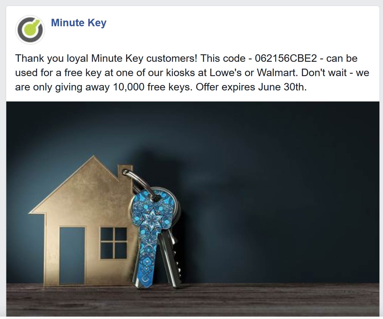 Minute Key stores Coupon  Free key today at Minute Key kiosks via promo code 062156CBE2 #minutekey 