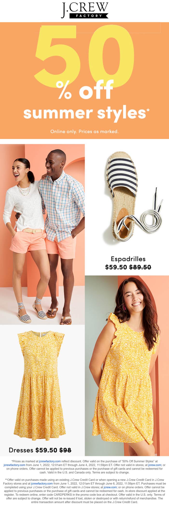 J.Crew Factory stores Coupon  50% off summer styles online at J.Crew Factory #jcrewfactory 
