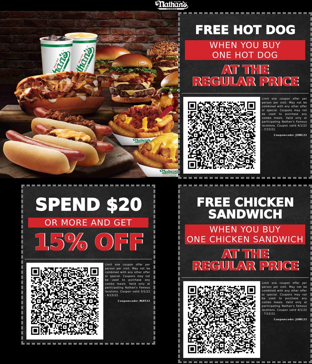Nathans Famous restaurants Coupon  Second hot dog or chicken sandwich free & more at Nathans Famous #nathansfamous 