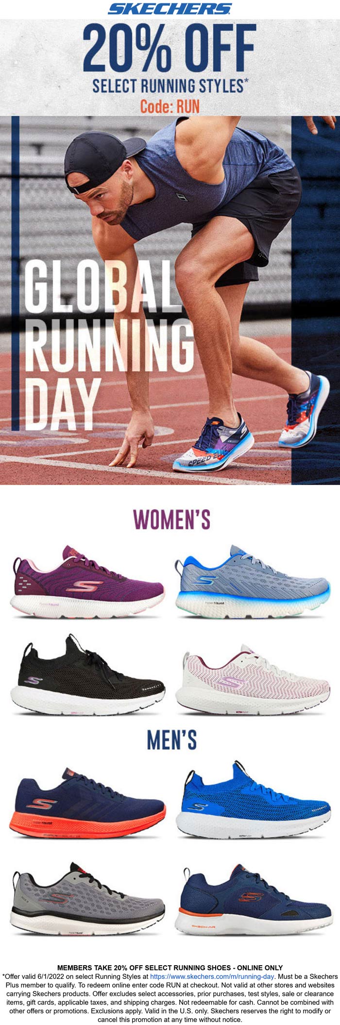 Skechers stores Coupon  20% off running shoes today at Skechers via promo code RUN #skechers 