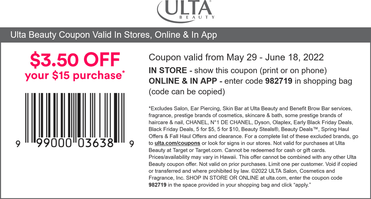 Ulta Beauty stores Coupon  $3.50 off $15 at Ulta Beauty, or online via promo code 982719 #ultabeauty 