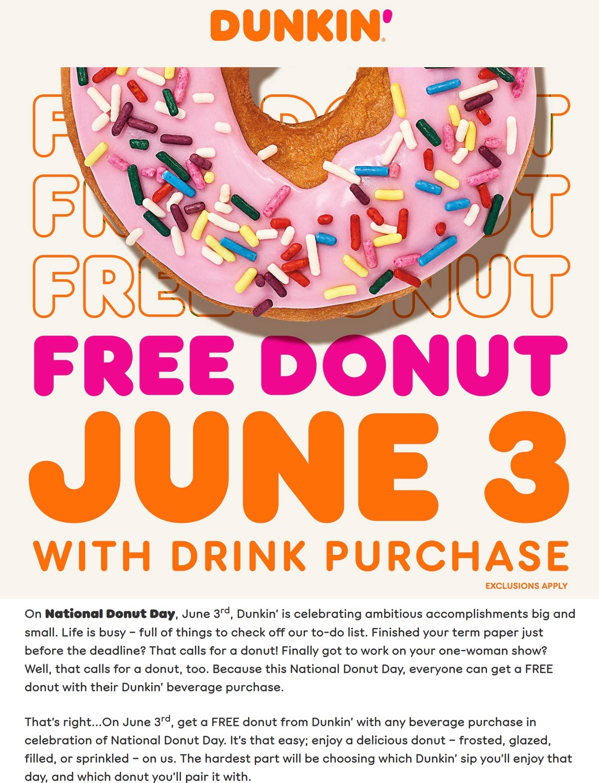Dunkin Donuts restaurants Coupon  Free donut with any beverage Friday at Dunkin Donuts #dunkindonuts 