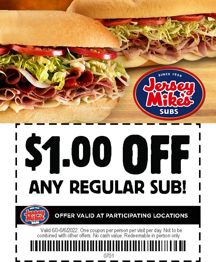 Jersey Mikes restaurants Coupon  $1 off a sub sandwich at Jersey Mikes #jerseymikes 