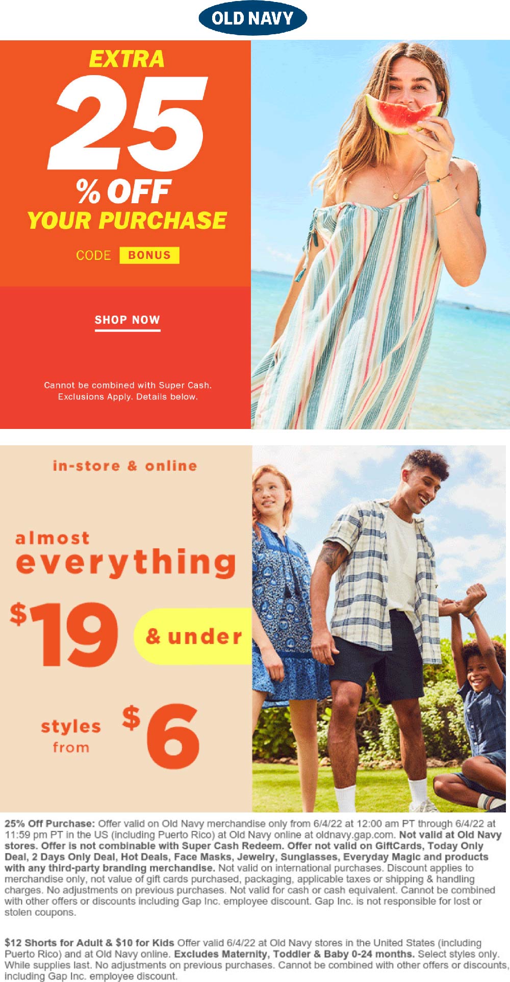 Old Navy stores Coupon  Extra 25% off online today at Old Navy via promo code BONUS #oldnavy 