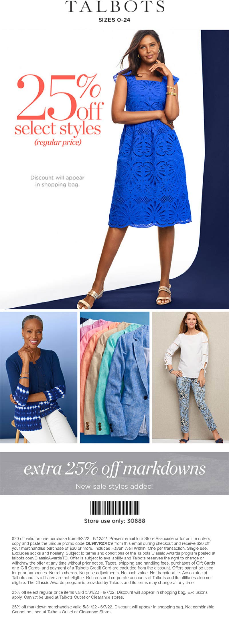 Talbots stores Coupon  Extra 25% off sale items at Talbots, ditto online #talbots 