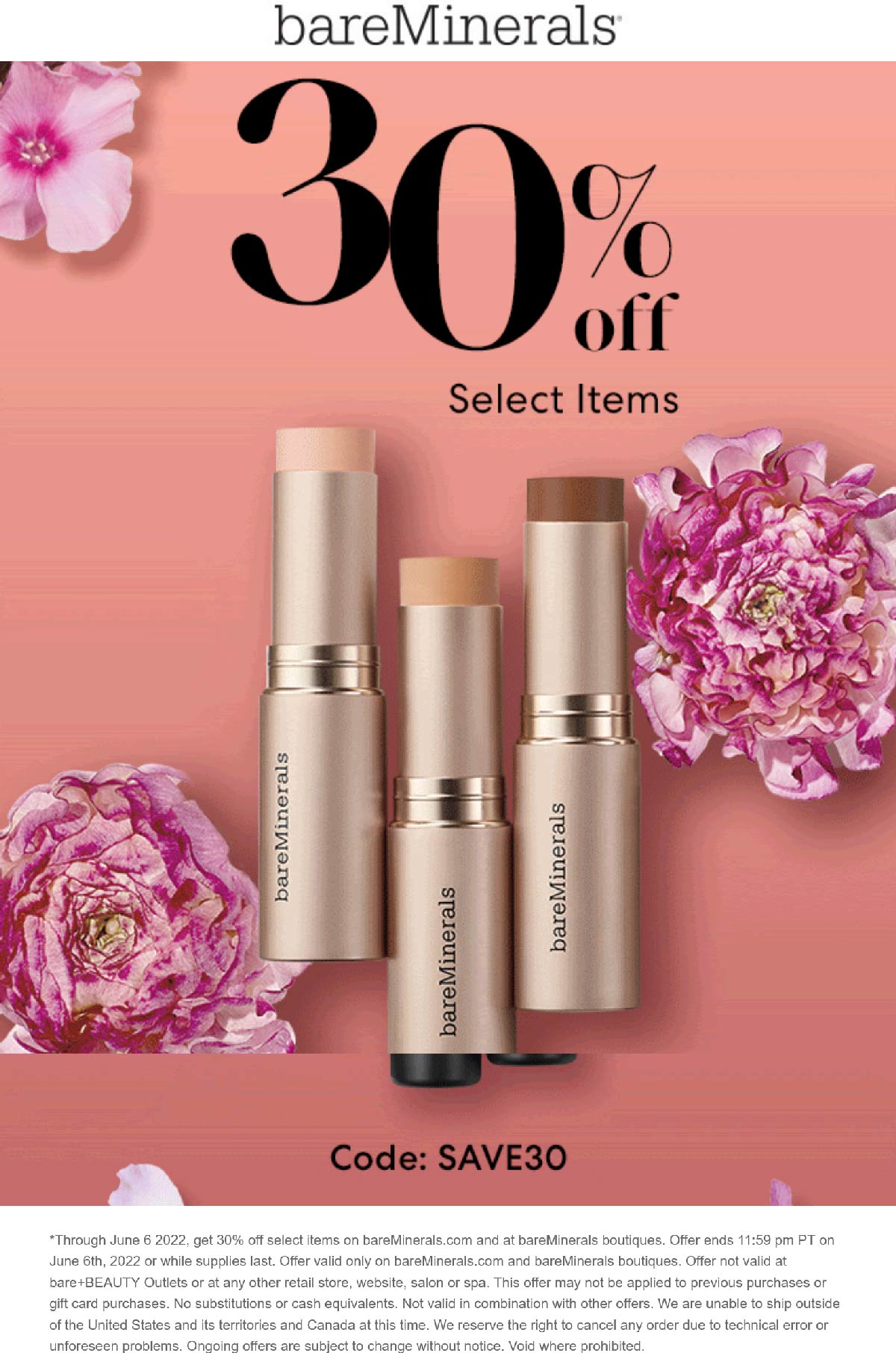 bareMinerals stores Coupon  30% off today at bareMinerals #bareminerals 