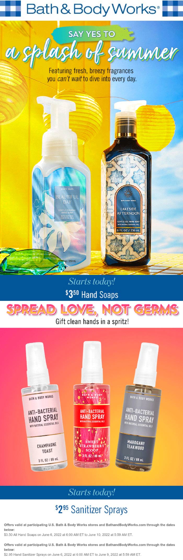 Bath & Body Works stores Coupon  $3.50 hand soaps & $3 hand sanitizer at Bath & Body Works, ditto online #bathbodyworks 