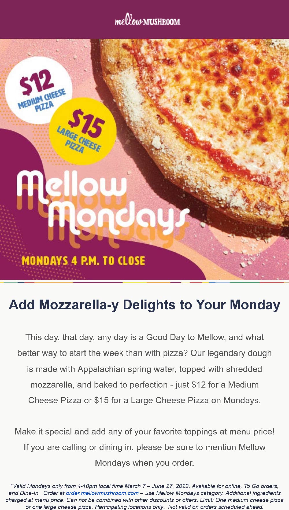 Mellow Mushroom restaurants Coupon  $15 large pizza Mondays after 4p at Mellow Mushroom #mellowmushroom 