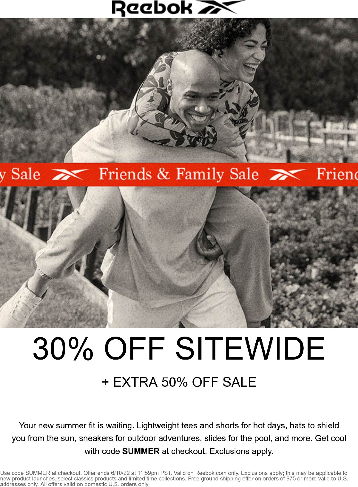 Reebok stores Coupon  30% off everything & extra 50% off sale items online at Reebok via promo code SUMMER #reebok 