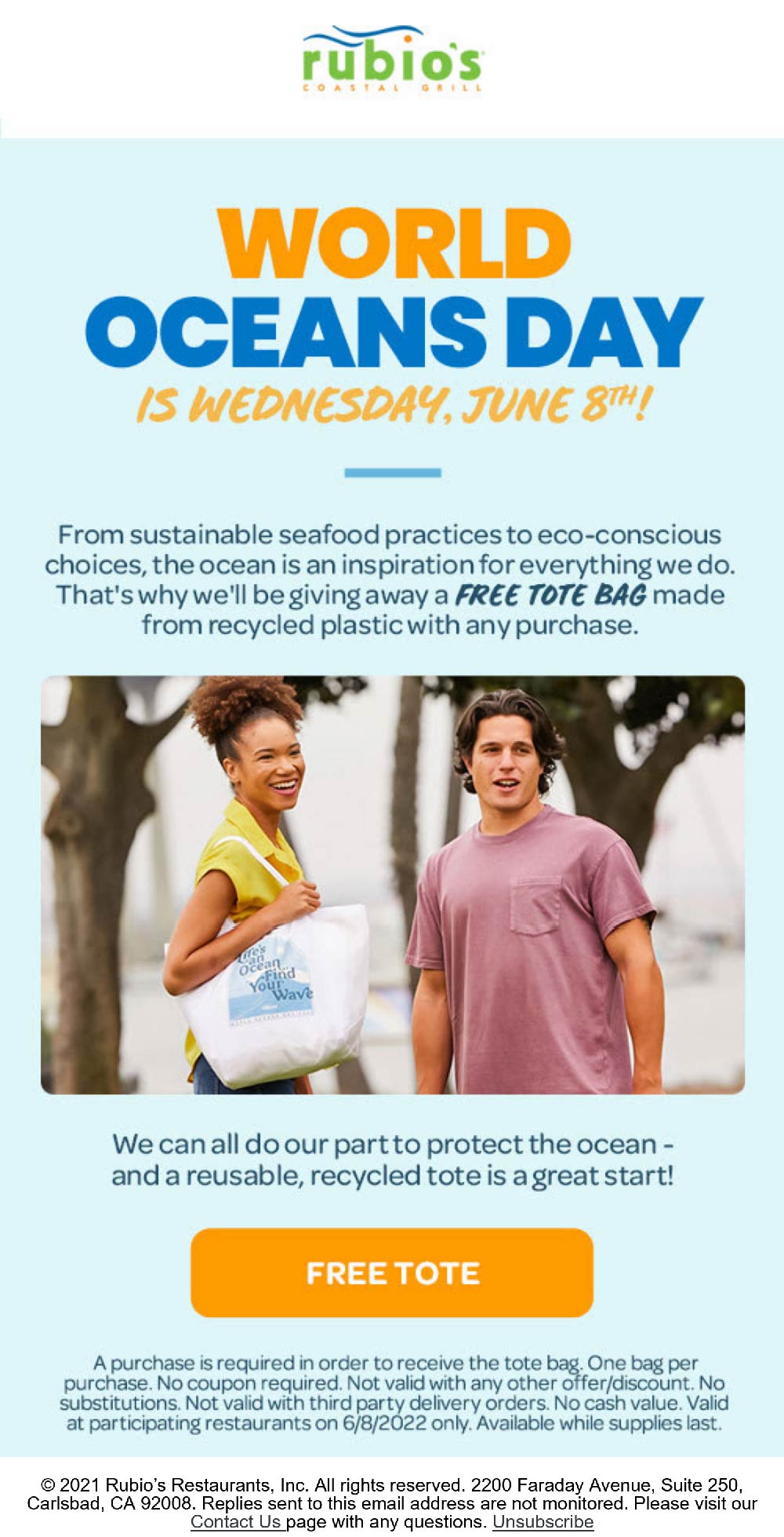 Rubios restaurants Coupon  Free tote bag with any purchase Wednesday at Rubios Coastal Grill restaurants #rubios 