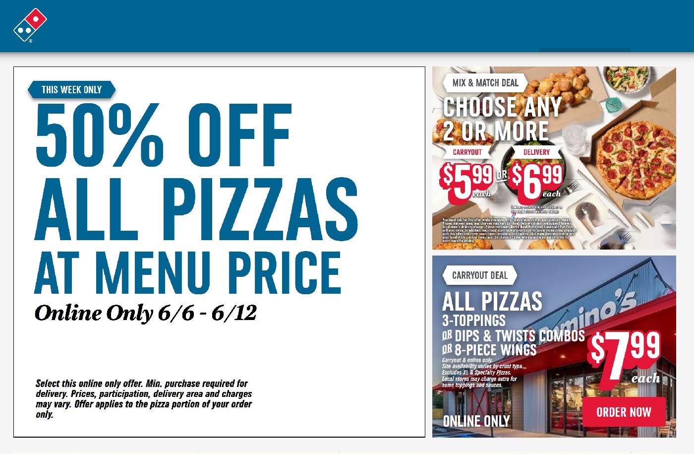 Dominos restaurants Coupon  50% off all pizzas online at Dominos #dominos 