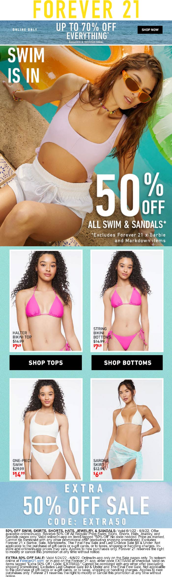 Forever 21 stores Coupon  50% off swim & more online at Forever 21 via promo code EXTRA50 #forever21 