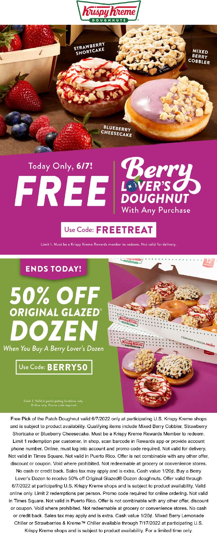 Krispy Kreme restaurants Coupon  Free berry doughnut with any order + 50% off second dozen today at Krispy Kreme via promo code FREETREAT #krispykreme 