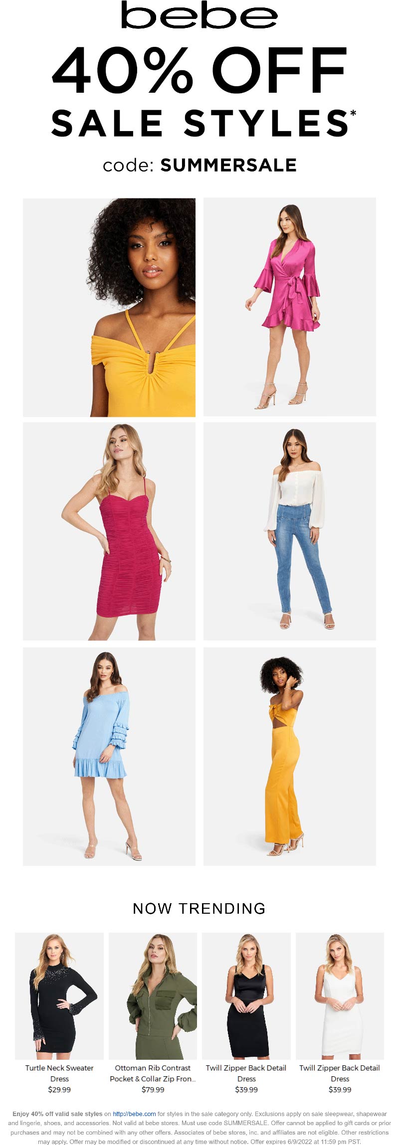 bebe stores Coupon  Extra 40% off sale styles online at bebe via promo code SUMMERSALE #bebe 