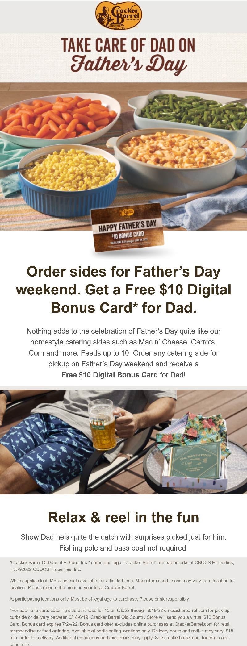 Cracker Barrel restaurants Coupon  Free $10 card on each Fathers Day catering-size side item at Cracker Barrel Old Country Store restaurants #crackerbarrel 