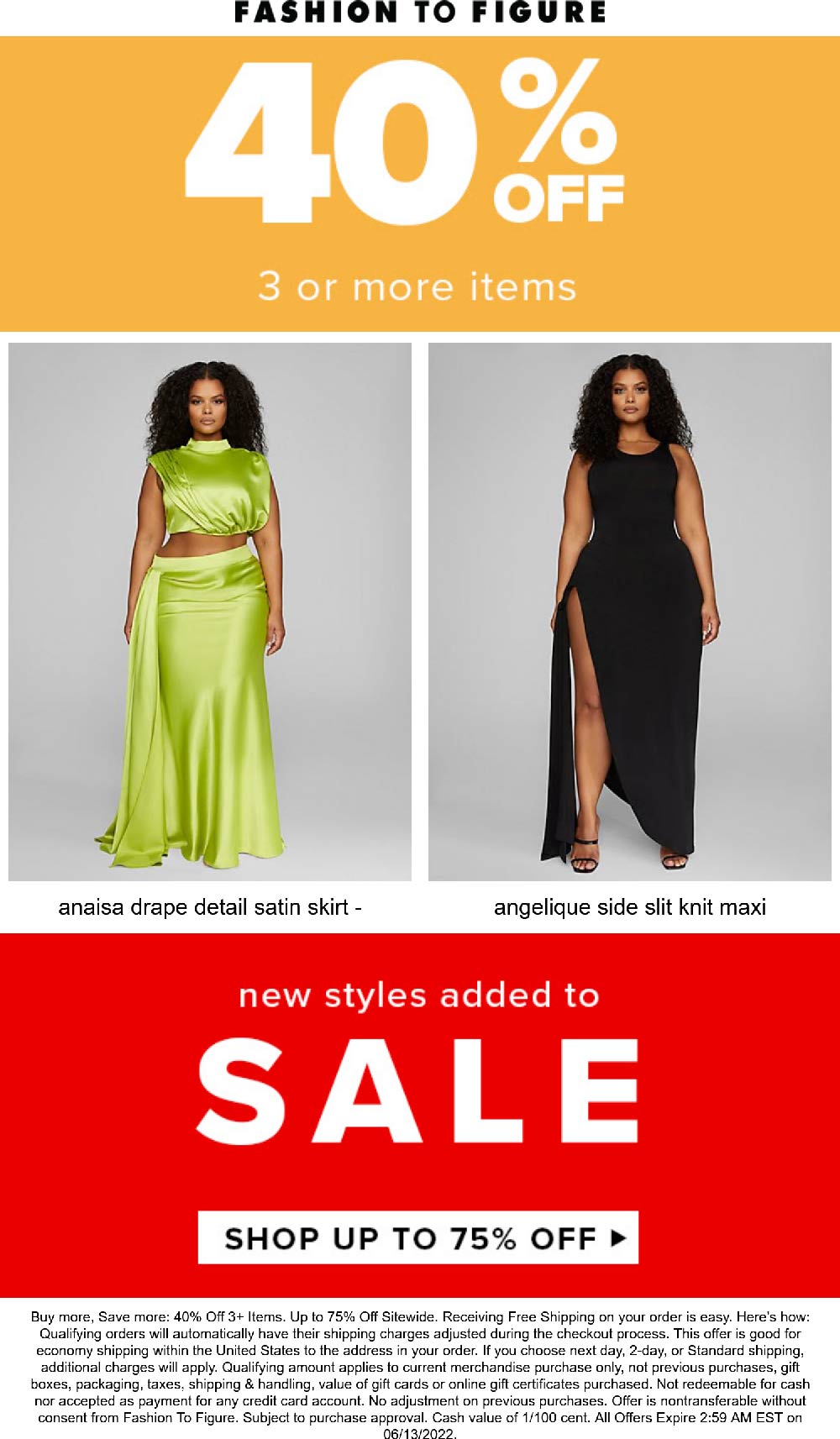 Fashion to Figure stores Coupon  40% off 3+ items at Fashion to Figure #fashiontofigure 