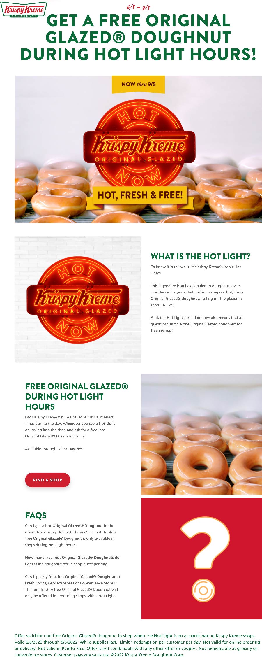 Krispy Kreme restaurants Coupon  Free doughnut all summer during daily hot light hours at Krispy Kreme #krispykreme 