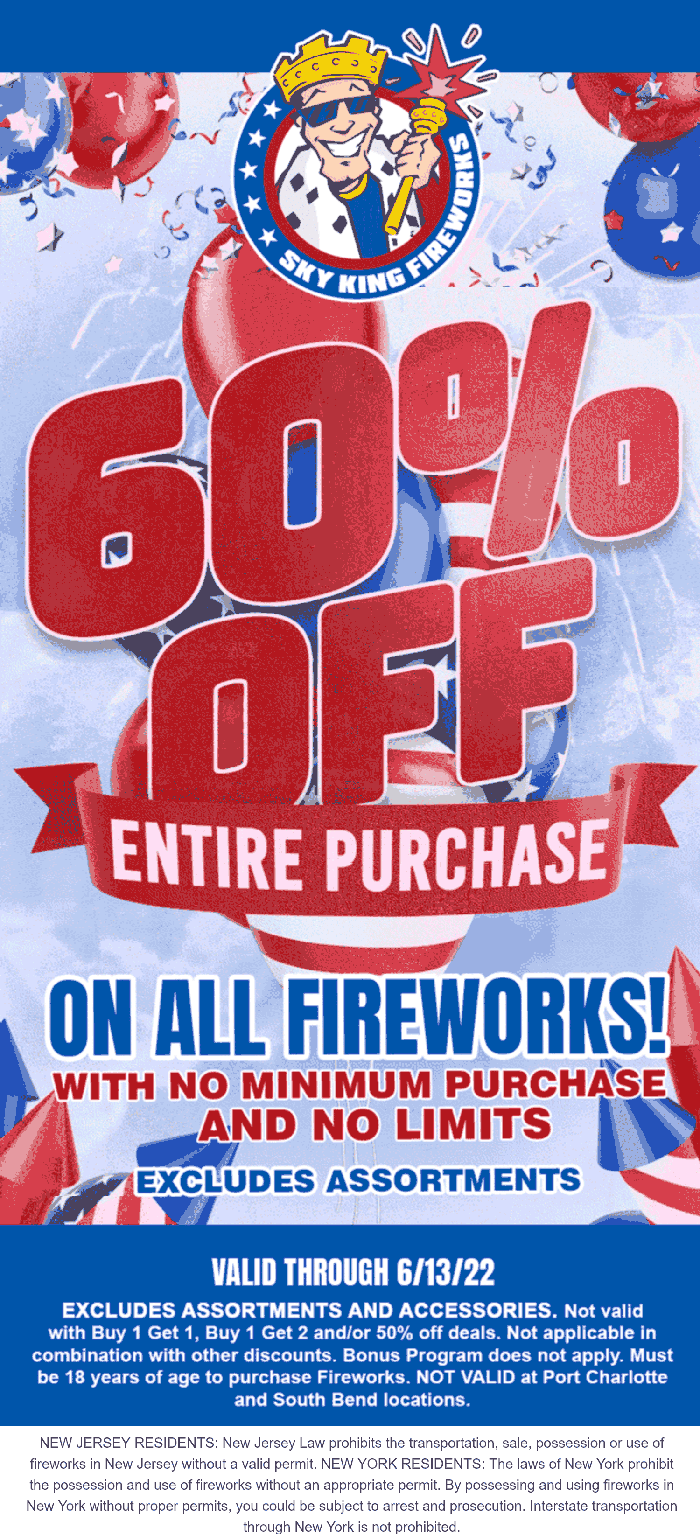 Sky King stores Coupon  60% off all fireworks at Sky King #skyking 