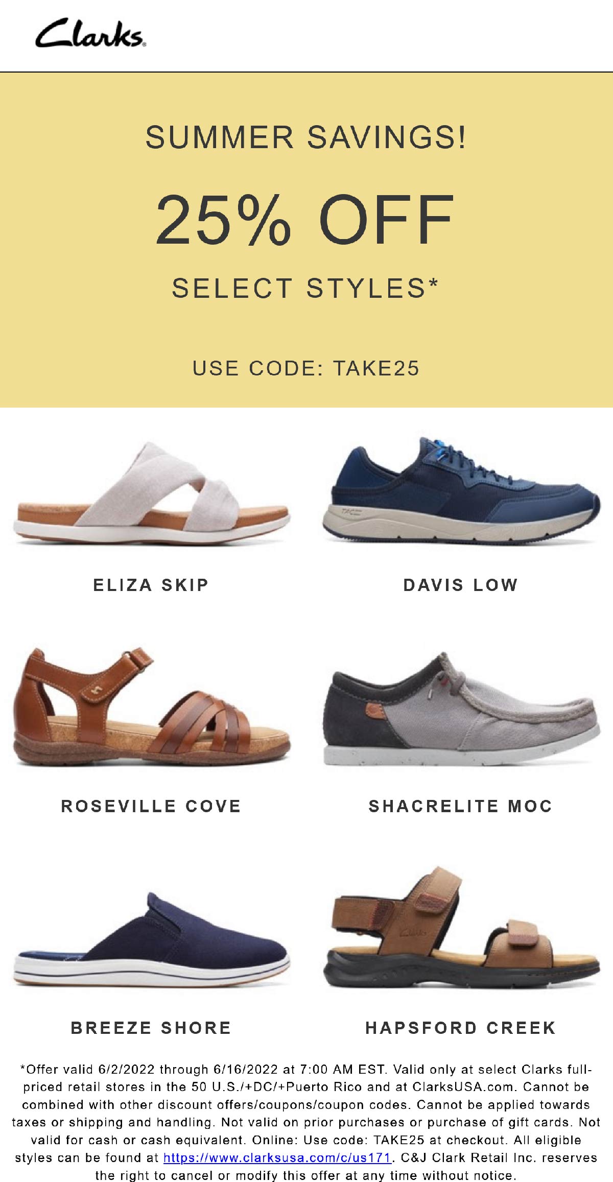 Clarks stores Coupon  25% off at Clarks shoes, or online via promo code TAKE25 #clarks 