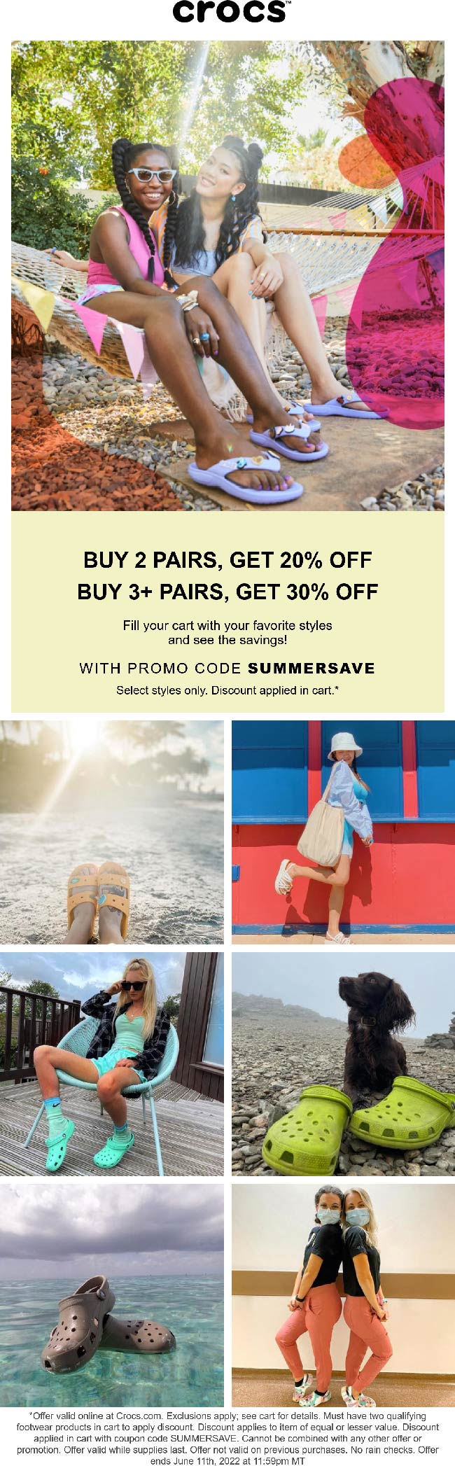Crocs stores Coupon  20-30% off 2+ pairs online today at Crocs via promo code SUMMERSAVE #crocs 