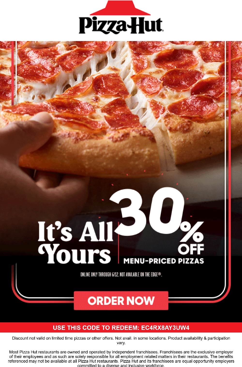 Pizza Hut restaurants Coupon  30% off pizzas at Pizza Hut via promo code EC4RX8AY3UW4 #pizzahut 