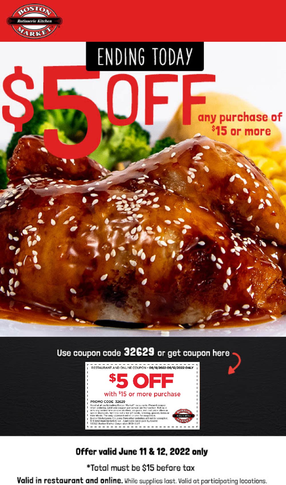 Boston Market restaurants Coupon  $5 off $15 today at Boston Market restaurants #bostonmarket 