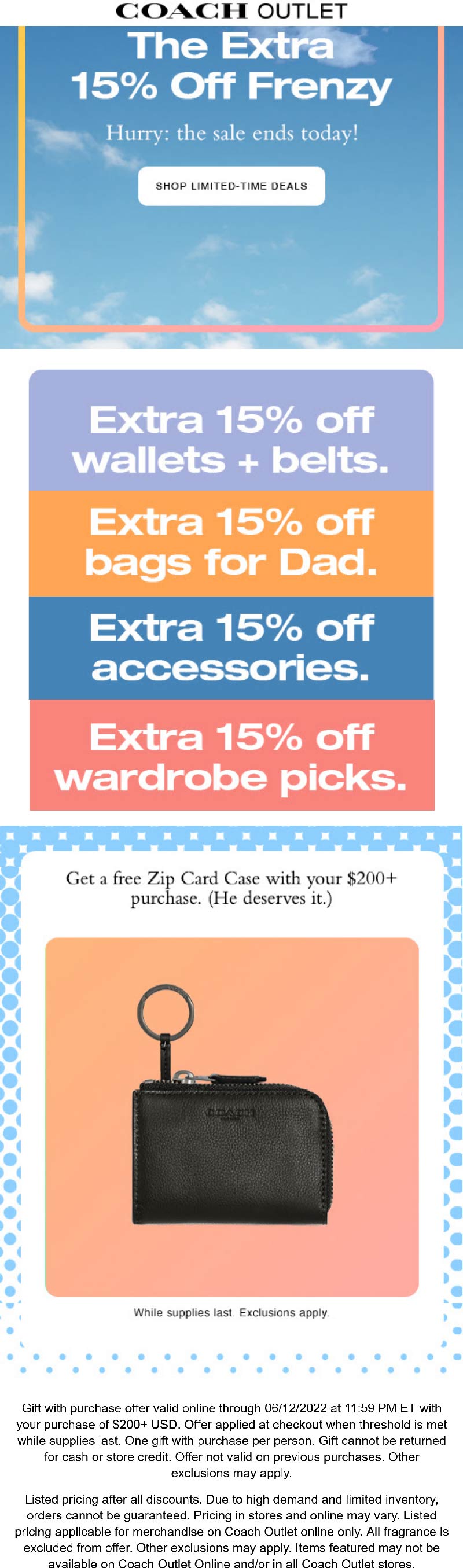 Coach Outlet stores Coupon  Extra 15% off + free zip card case on $200 today at Coach Outlet #coachoutlet 