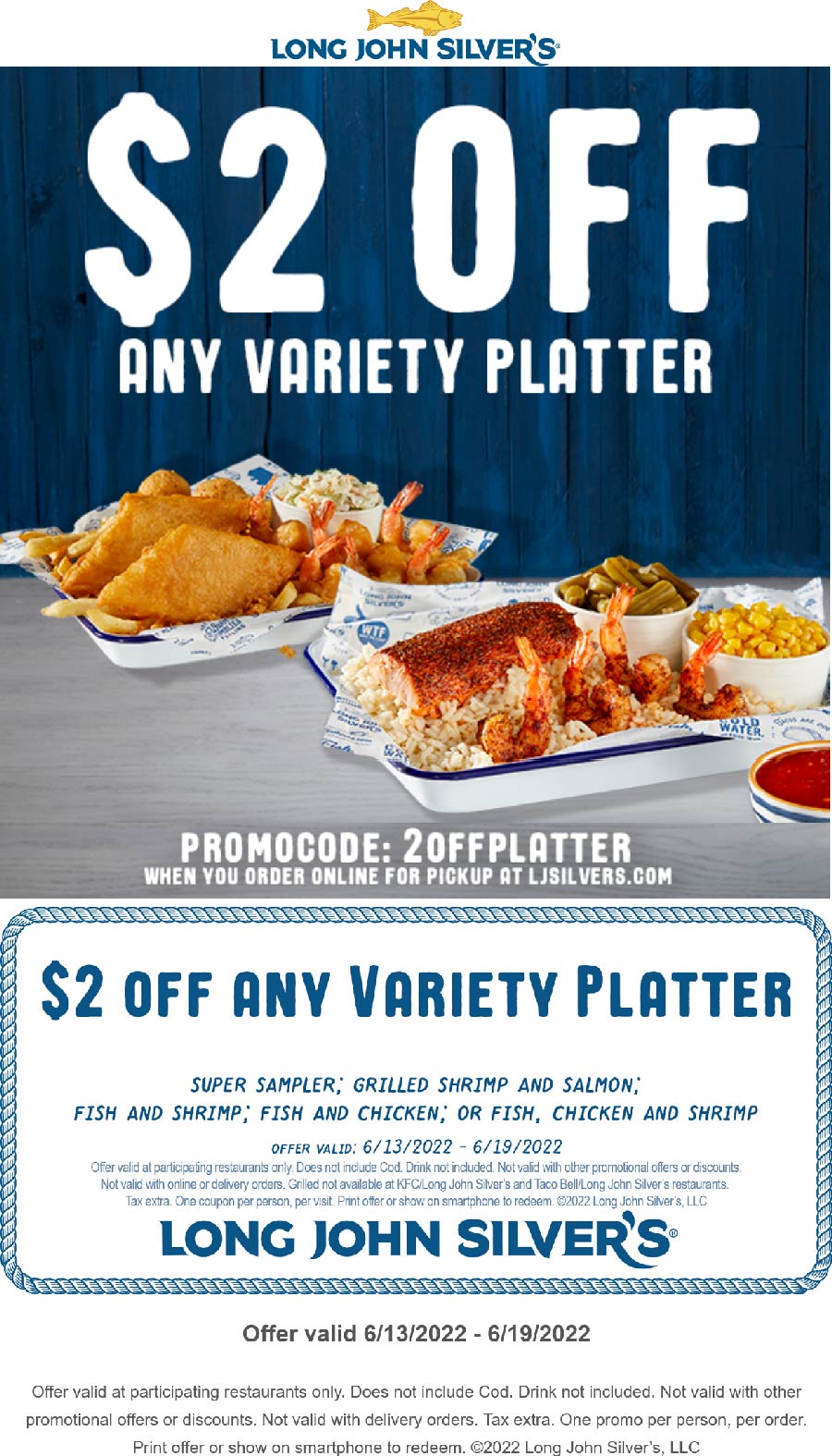 Long John Silvers restaurants Coupon  $2 off any variety platter at Long John Silvers restaurants #longjohnsilvers 