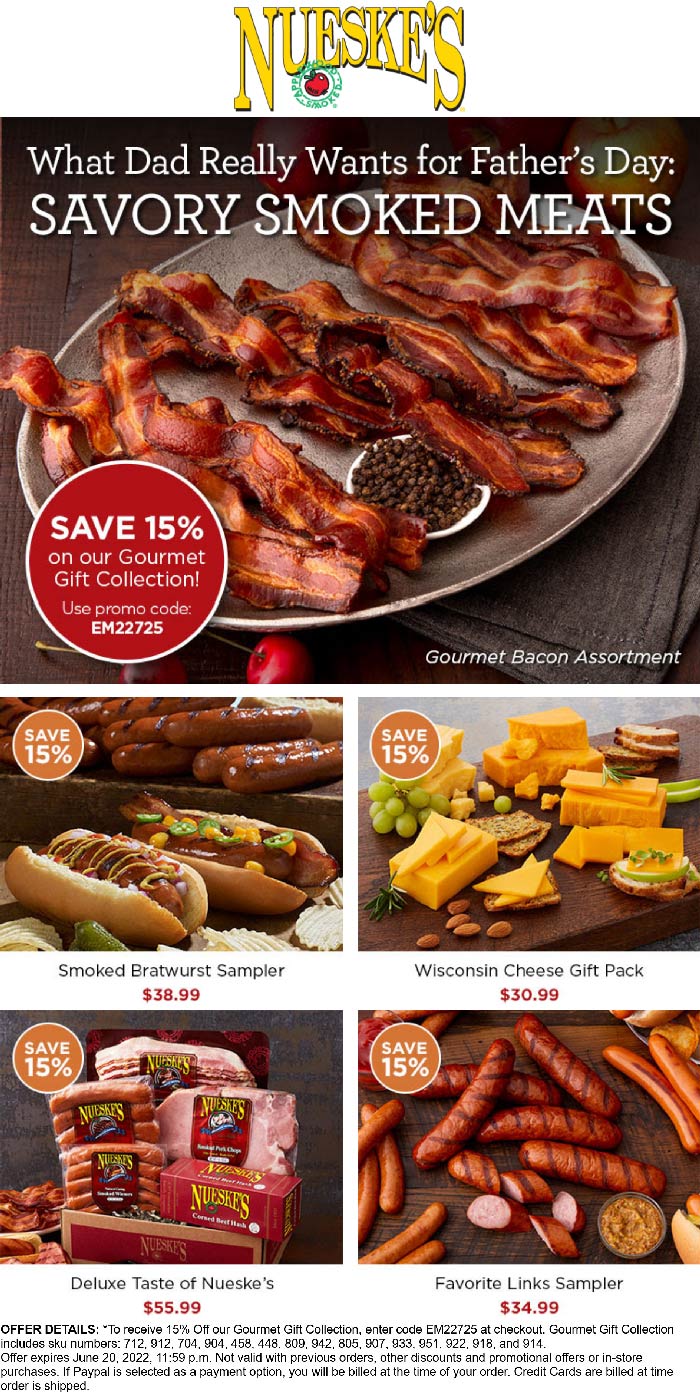 Nueskes stores Coupon  15% off gourmet gift collection at Nueskes Applewood Smoked Meats via promo code EM22725 #nueskes 