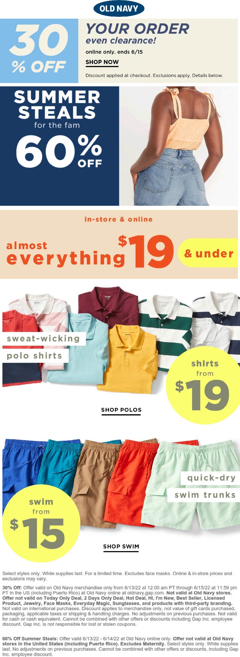 Old Navy stores Coupon  Everything under $20 at Old Navy, additional 30% off online #oldnavy 