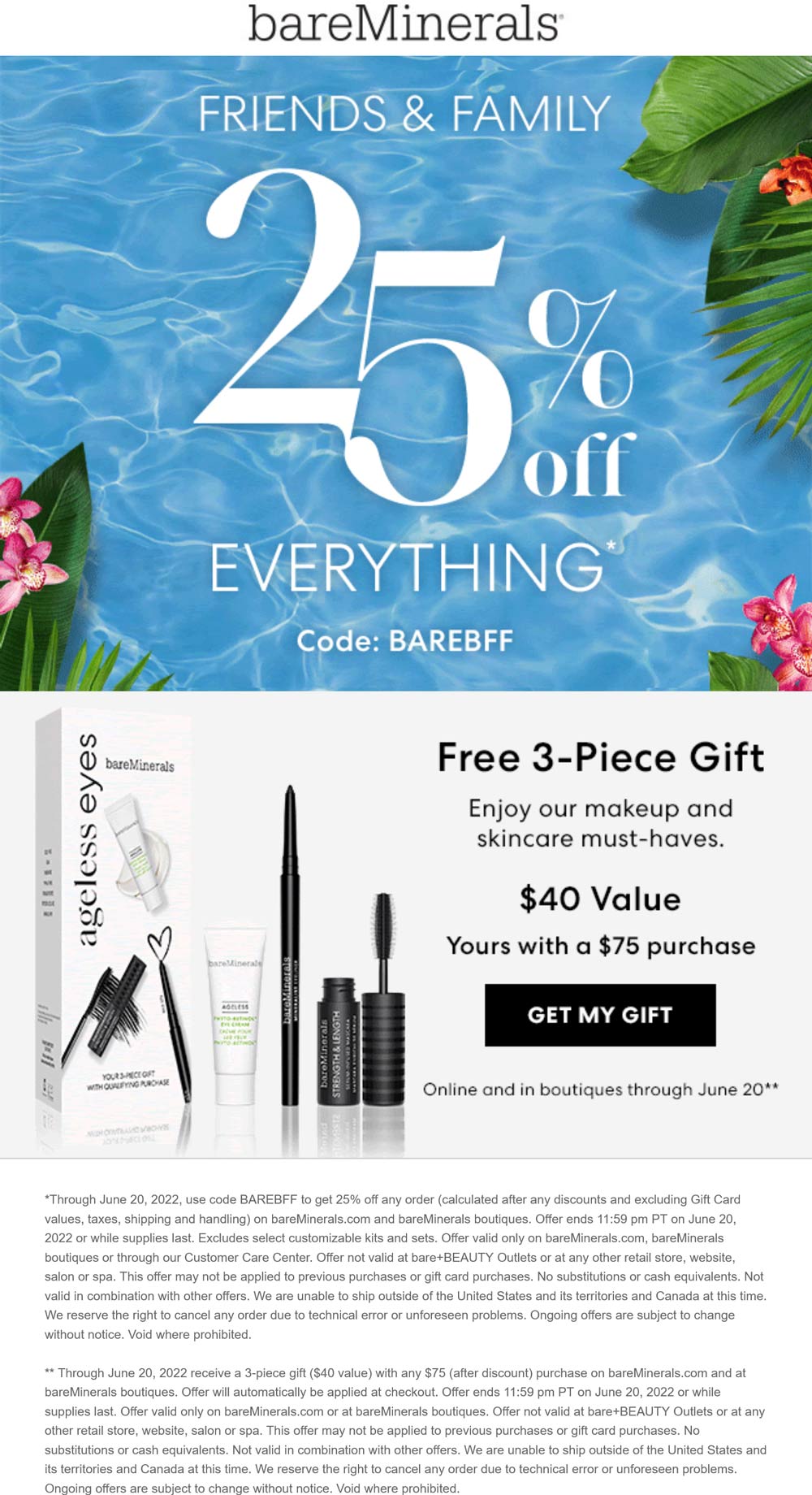 bareMinerals stores Coupon  25% off + free 3pc on $75 at bareMinerals, or online via promo code BAREBFF #bareminerals 