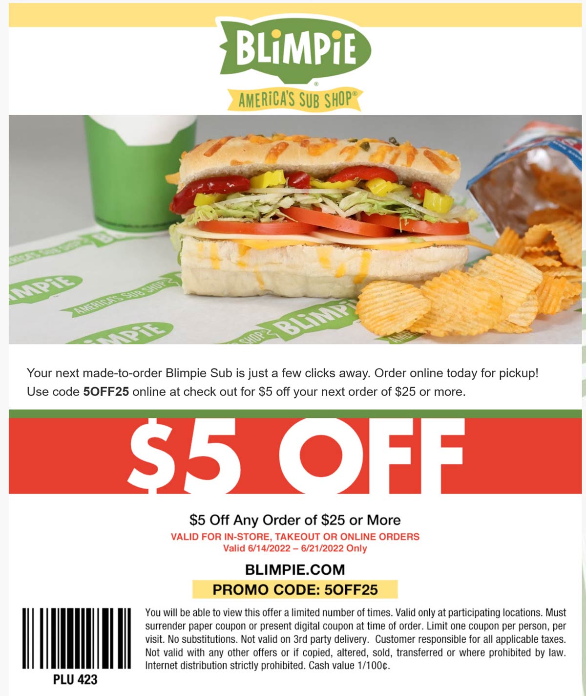 Blimpie restaurants Coupon  $5 off $25 at Blimpie restaurants via promo code 5OFF25 #blimpie 