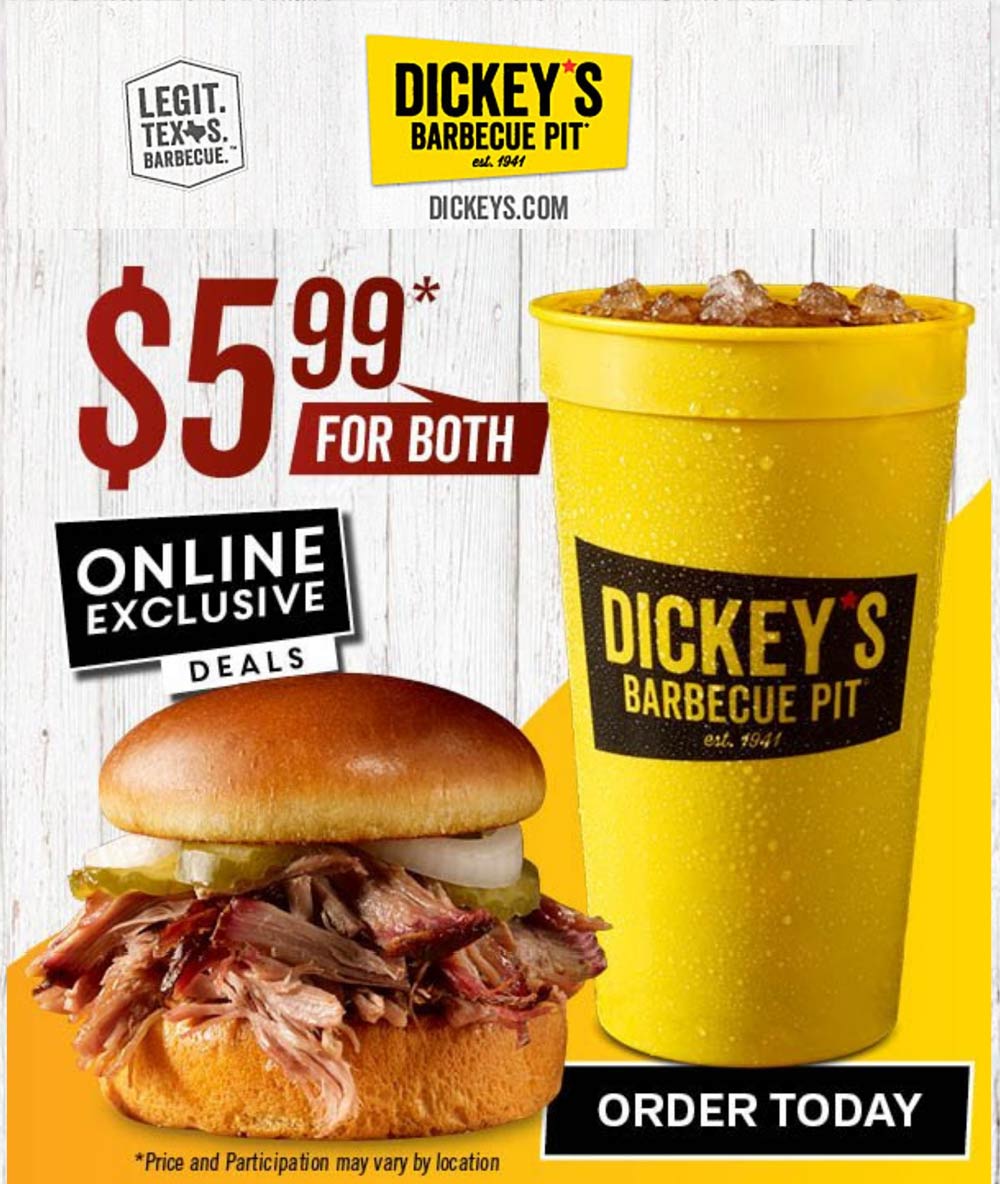 Dickeys Barbecue Pit restaurants Coupon  Pulled pork sandwich + drink = $6 at Dickeys Barbecue Pit #dickeysbarbecuepit 