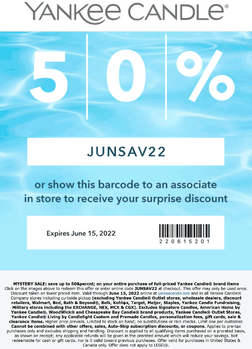 Yankee Candle stores Coupon  50% off at Yankee Candle, or online via promo code JUNSAV22 #yankeecandle 