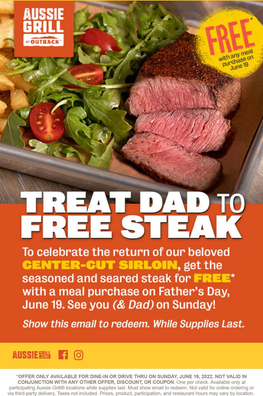 Aussie Grill restaurants Coupon  Free steak with your meal Sunday at Outback Steakhouse Aussie Grill locations #aussiegrill 