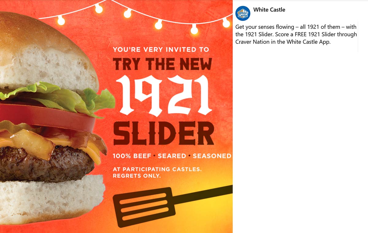 White Castle restaurants Coupon  Free 1921 beef slider via mobile at White Castle restaurants #whitecastle 