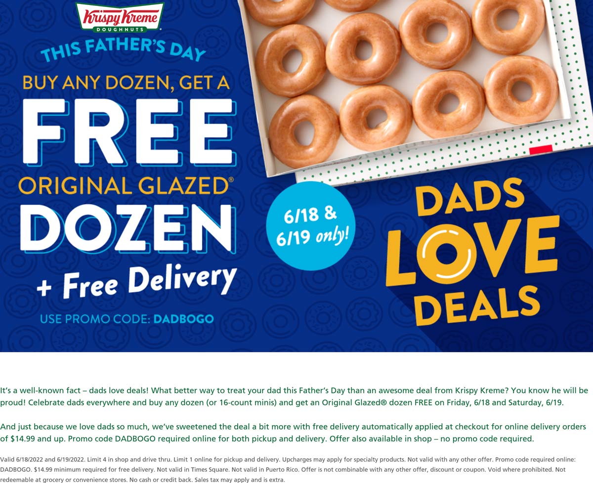Krispy Kreme restaurants Coupon  Second dozen & delivery free at Krispy Kreme doughnuts via promo code DADBOGO #krispykreme 